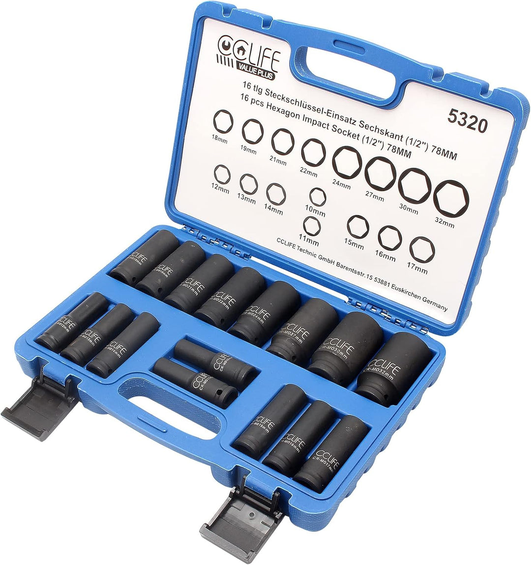 CCLIFE 16tlg 1/2' Schlagschrauber Nüsse Set, 10-32mm Cr-Mo Sechskant Kraft Nuss Steckschlüssel Schla