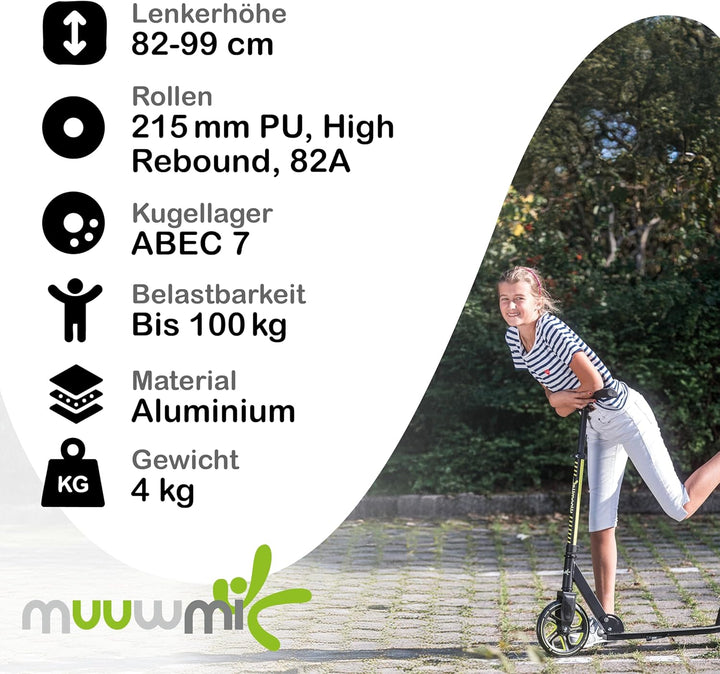 muuwmi Aluminium Scooter Pro – Tretroller, 215 mm, ABEC 7, für Kinder und Erwachsene, GS-geprüft, hö