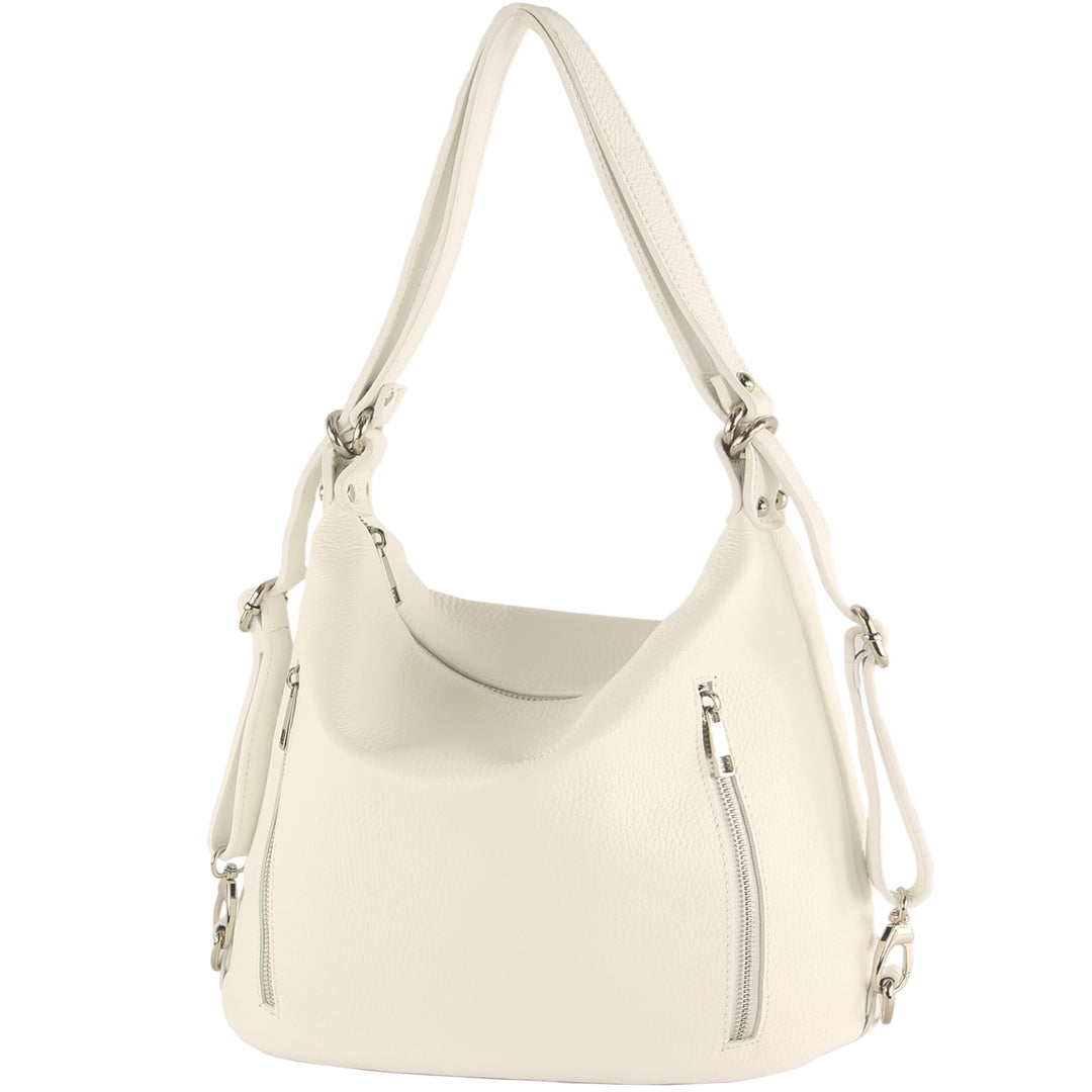 modamoda de - T249 - ital. Damen Rucksack Tasche 2 in 1 aus Leder Weiss, Weiss