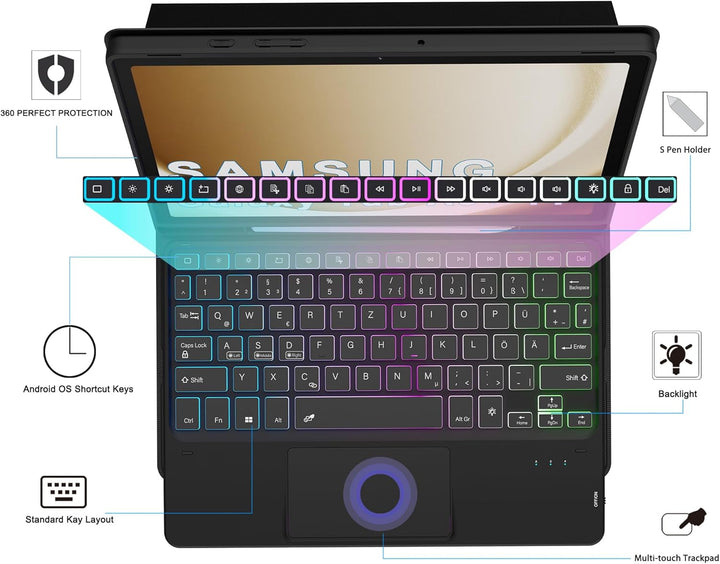 ROOFEI Galaxy Tab A9+/A9 Plus Hülle mit Tastatur: 11 Zoll Galaxy Tab A9+ Abnehmbar Tastatur mit Touc