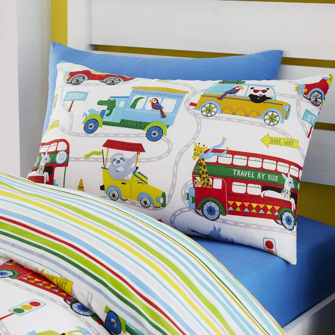 Happy Linen Company Kinder Bettwäsche-Set - mit Zootieren in der Stadt - wendbar - Weiss - Einzelbet