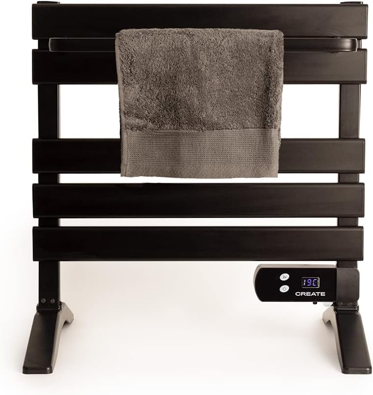 CREATE / WARM Towel Mini 150W / Elektrischer Badheizkörper Schwarz mit Standfüssen und Regal / 52,3x