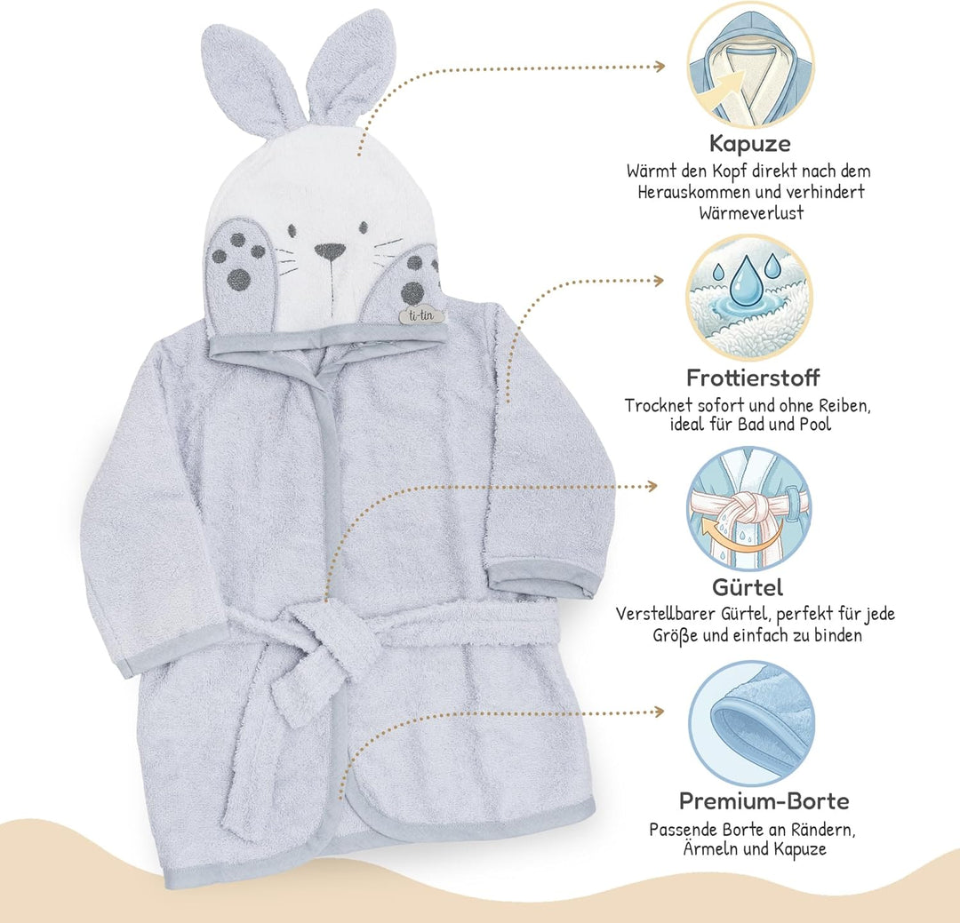 Ti TIN Kinder‑Bademantel mit Kapuze und Hasenohren – 100% Baumwolle, weich & saugfähi, Grösse 6–12 M