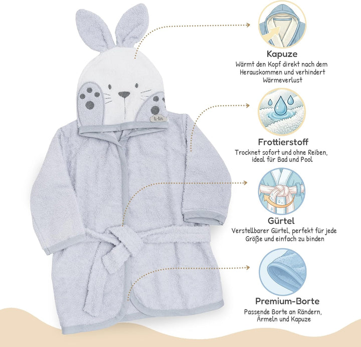 Ti TIN Kinder‑Bademantel mit Kapuze und Hasenohren – 100% Baumwolle, weich & saugfähi, Grösse 6–12 M