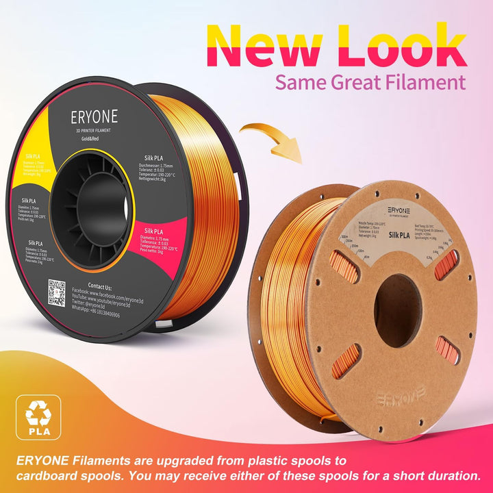 ERYONE Dual Zweifarbig PLA Filament 1.75mm, 3D Drucker Filament 1kg Spule +/- 0,03 mm, Seide Rot & G