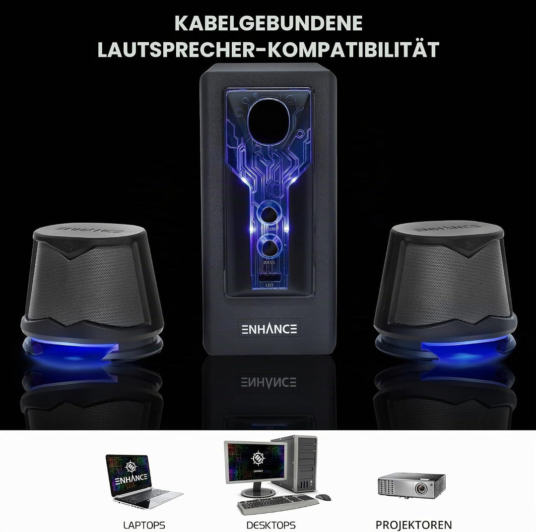 ENHANCE SB 2.1 Computerlautsprecher mit Subwoofer – Blau LED-Gaming-Lautsprecher, High-Excursion-Sou