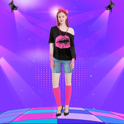 WILDPARTY 80er 90er Jahre Outfit Damen, T-Shirt, Beinwärmer, Stirnband, Ohrring, Halskette, Netzhand