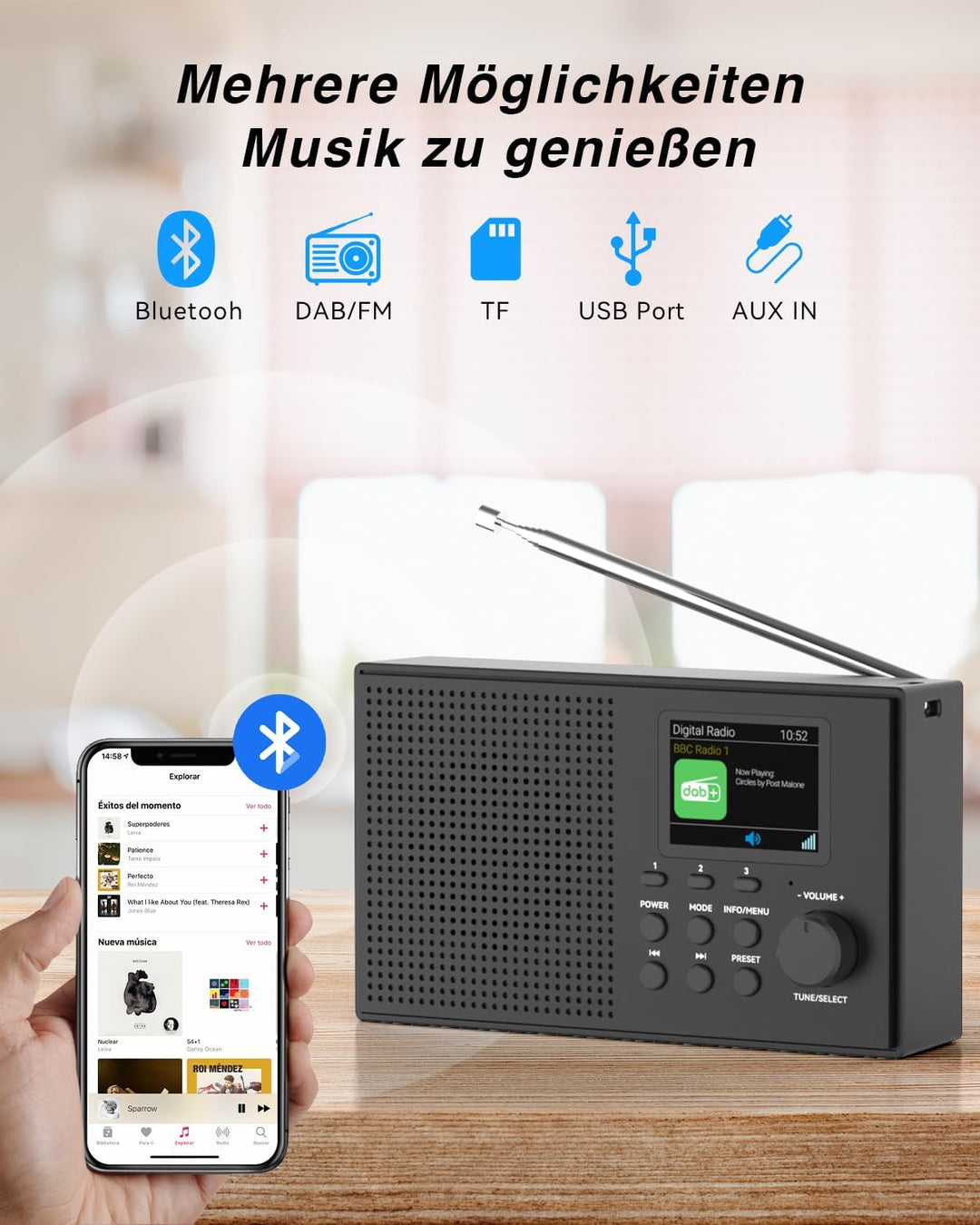 Tragbarer DAB DAB+ Radio mit Bluetooth, UKW Digital Radio, FM Wiederaufladbar Radio mit 2,4" Farbdis