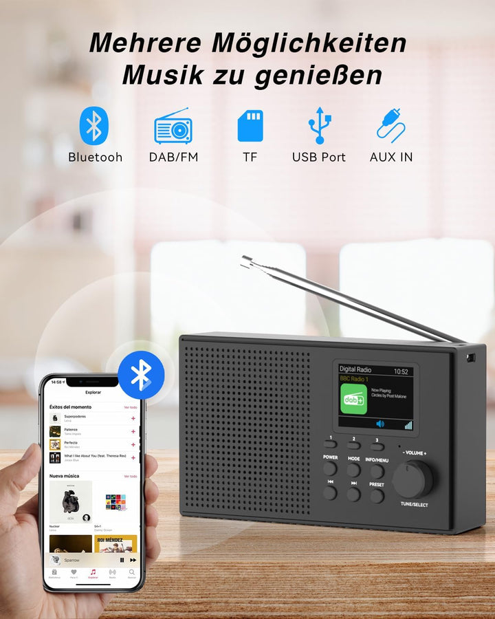 Tragbarer DAB DAB+ Radio mit Bluetooth, UKW Digital Radio, FM Wiederaufladbar Radio mit 2,4" Farbdis