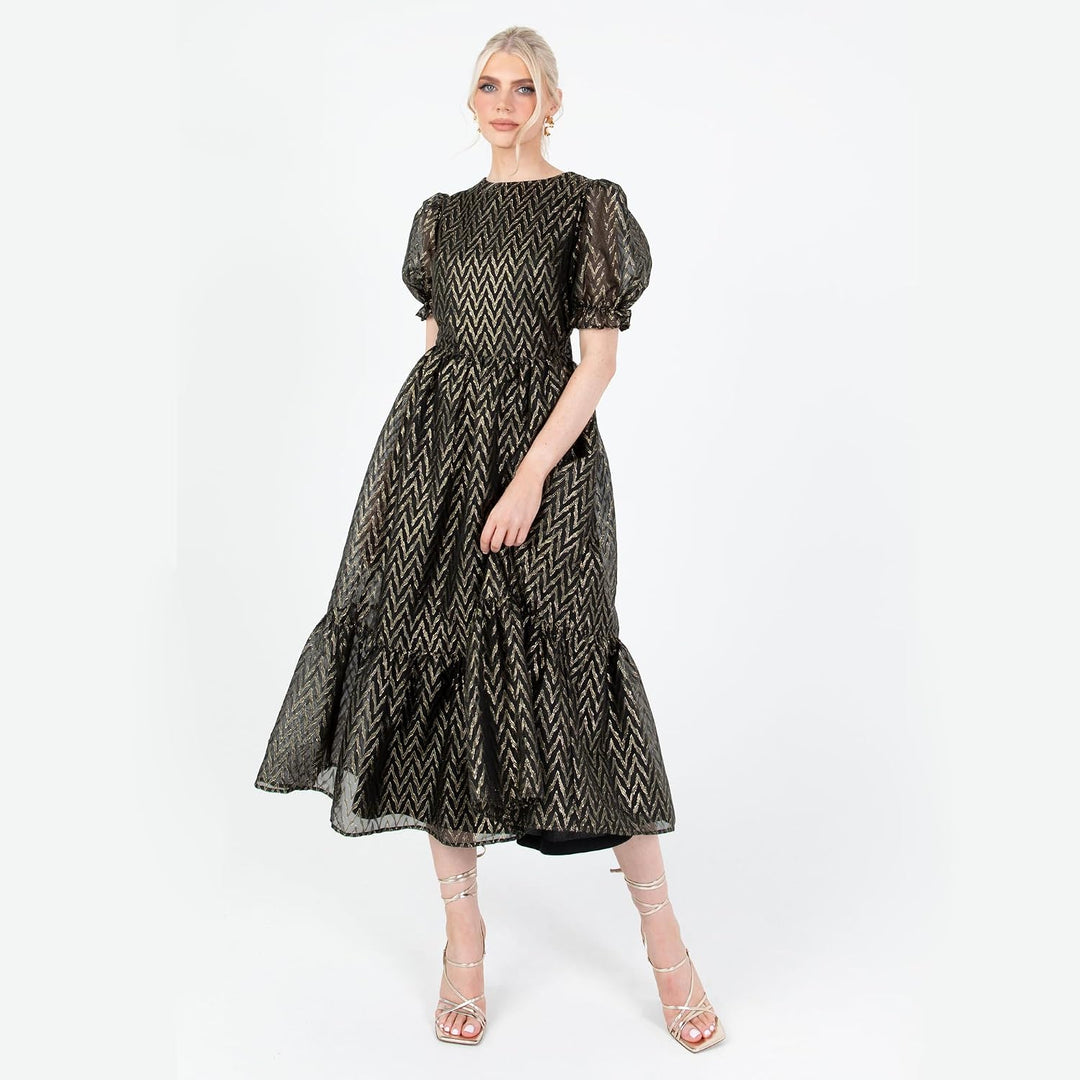 Women's Midaxi Dress Ladies Round Neck Short Puff Sleeves Metallic Zig-Zag Tie-Back A-line for Party