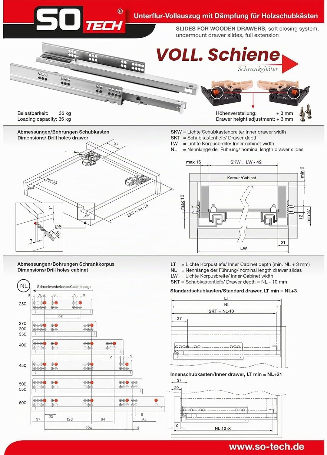 SOTECH 1 Paar FullSlide Vollauszüge UV2-35-K1D-L300-SC für Holzschublade 300 mm Schubladenschienen b