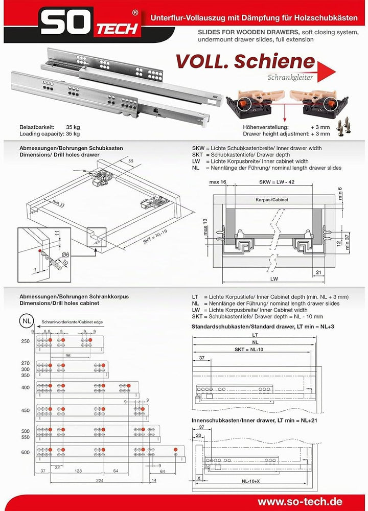 SOTECH 1 Paar FullSlide Vollauszüge UV2-35-K1D-L300-SC für Holzschublade 300 mm Schubladenschienen b