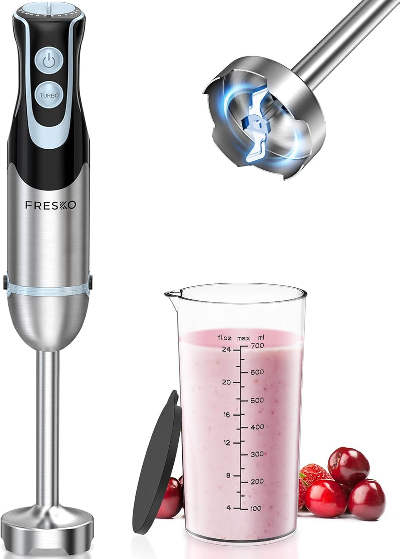 FRESKO Stabmixer, 1000W Edelstahl pürierstab mit 12 Geschwindigkeitsstufen, TURBO-Taste, 700ml Beche