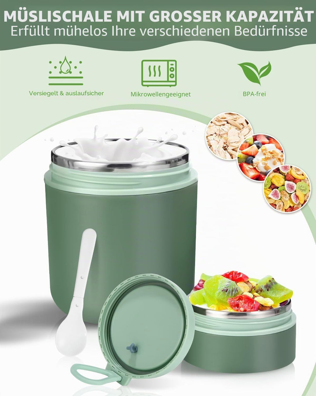 Müslibecher 530ml+180ml,Joghurtbecher to Go Kinder mit Löffel,Müsli Cup to Go Becher, Auslaufsichere