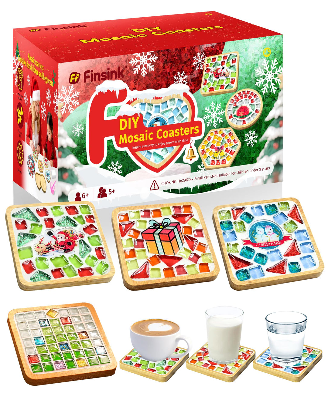 Finsink Mosaik bastelset kinder 4pcs Weihnachten Mosaik Untersetzer Bastelset DIY Holz Untersetzer S