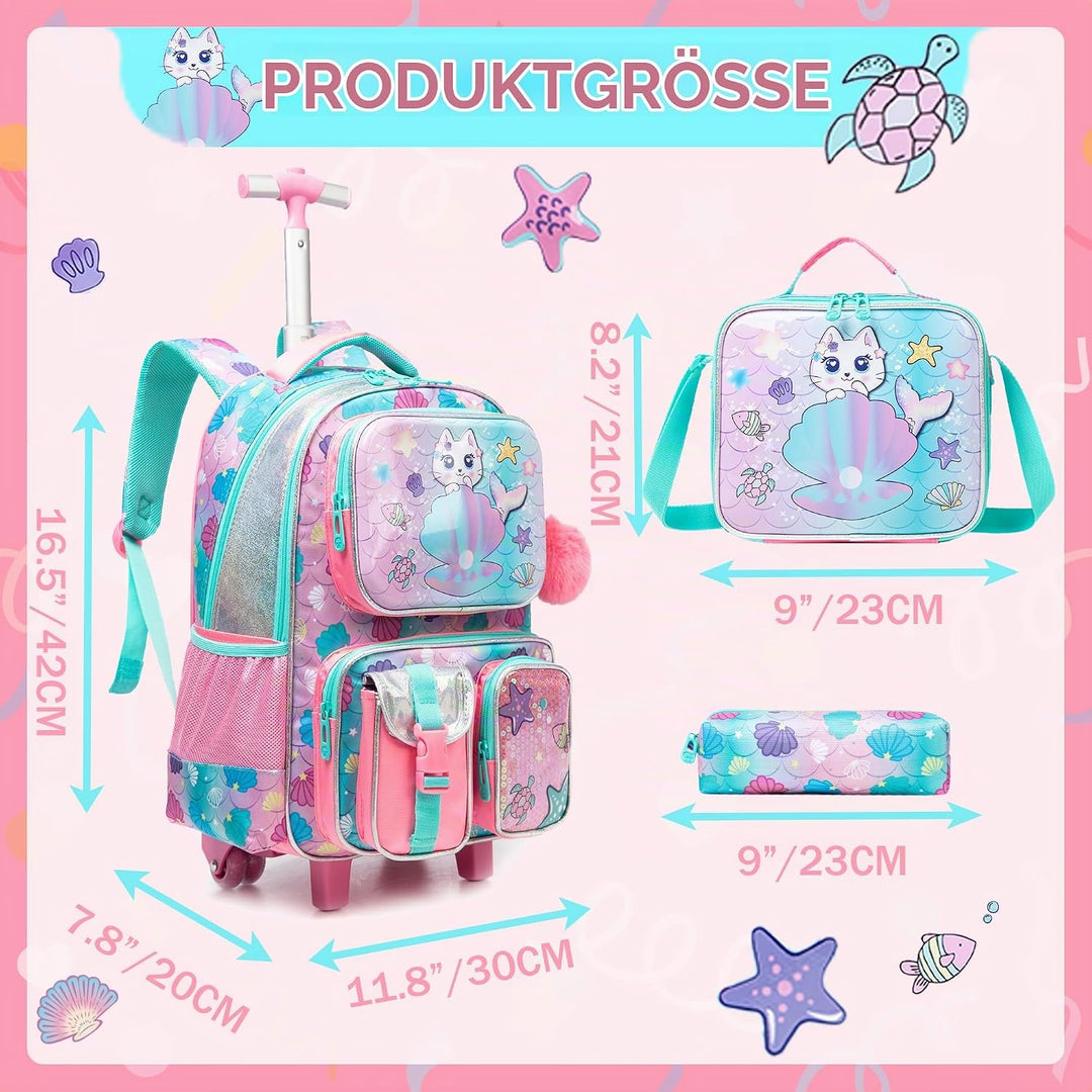 HTgroce Schulranzen Trolley Mädchen Meerjungfrau Rolling Backpack for Girls Einhorn Rucksack Mit Rol