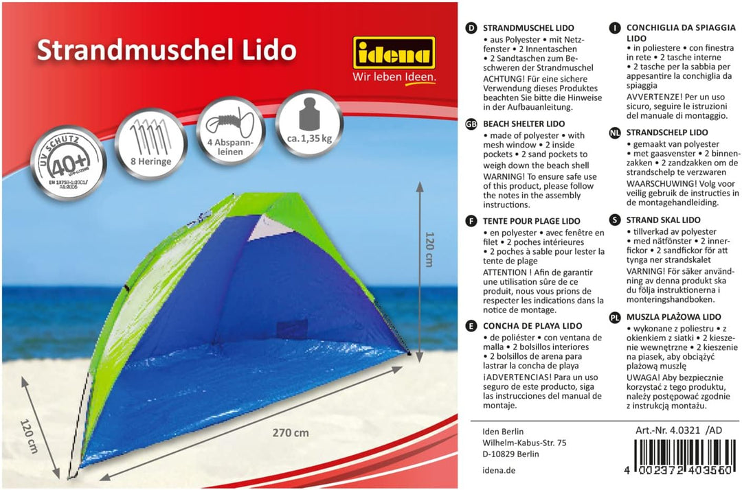 Idena 40321 - Strandmuschel Lido mit UV Schutz 40+, ca. 2,7 x 1,2 x 1,2 m, leicht und kompakt für de