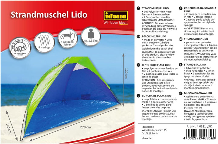 Idena 40321 - Strandmuschel Lido mit UV Schutz 40+, ca. 2,7 x 1,2 x 1,2 m, leicht und kompakt für de