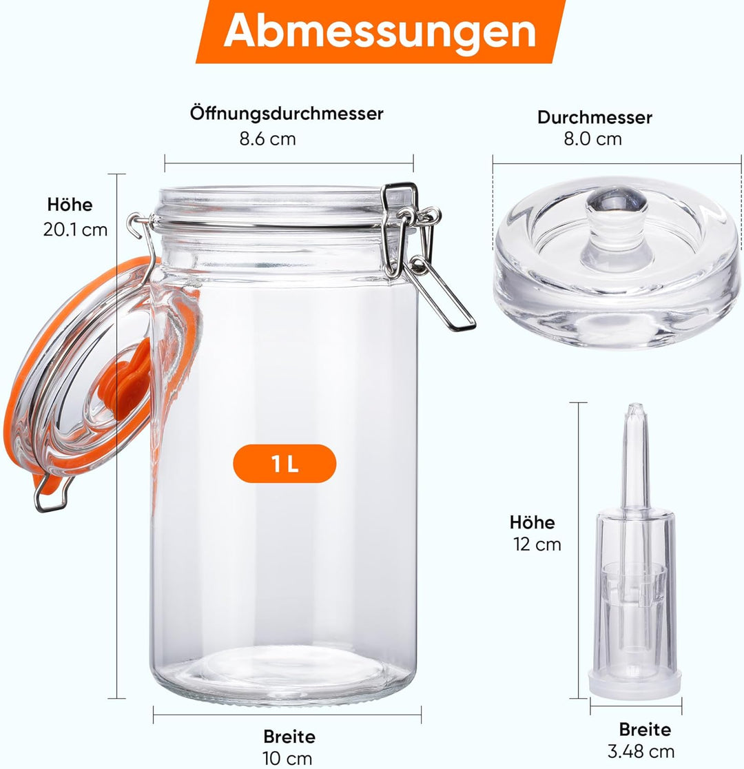 1L Fermentierglas Set mit Gäraufsatz & Gewicht – Fermentationsglas für Sauerkraut, Kimchi, Kombucha,