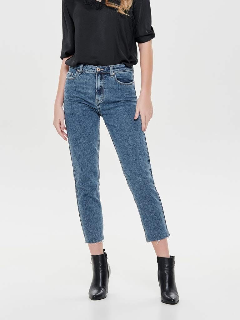 ONLY Damen Onlemily Hw Straight ANK Col PNT Hose 25W / 32L Dark Blue Denim, 25W / 32L Dark Blue Deni