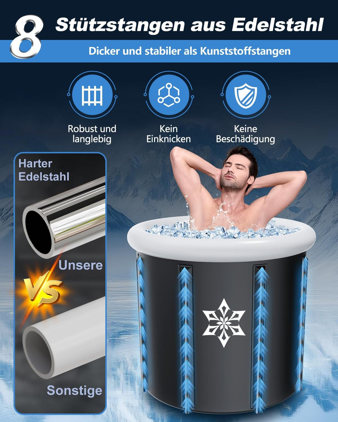 Eisbad Tonne mit Kühlsystem (80 cm Ø) XL, Eistonne Eisbaden mit 8 Edelstahlstangen, Sporttasche/Hitz