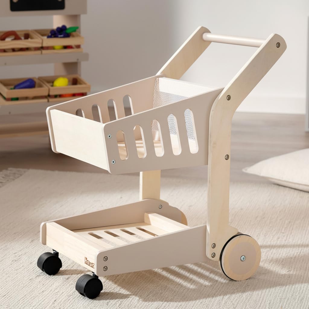 howa Spielzeug Einkaufswagen aus Holz für Kinder – Kaufladen Zubehör Natur, beige 4899