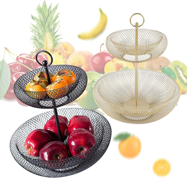 Schwarz Obst Etagere mit 2 Stöckig Platzsparendes Obstschale mit Bambusholzständer Servierschalen fü