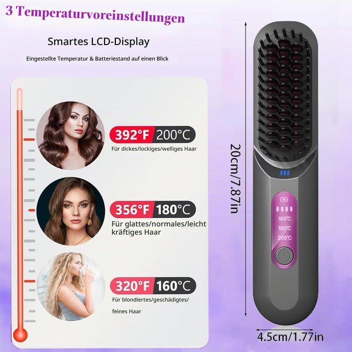 Glättbürste Kabellos, Stylingbürste Für Kurze Langes Haare, Haarglätter Bürste Kabellos mit 3 Wärmes