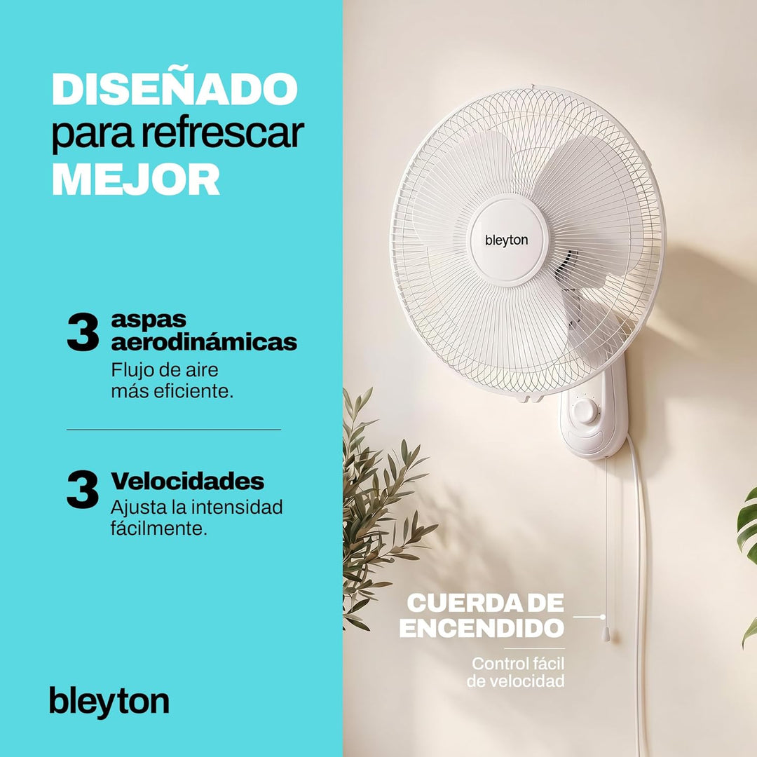 BLEYTON Leiser Wandventilator Weiss 40W CLASSIC WALL | Wandventilator mit Zugschalter, 90° Oszillati