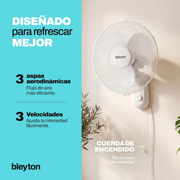 BLEYTON Leiser Wandventilator Weiss 40W CLASSIC WALL | Wandventilator mit Zugschalter, 90° Oszillati