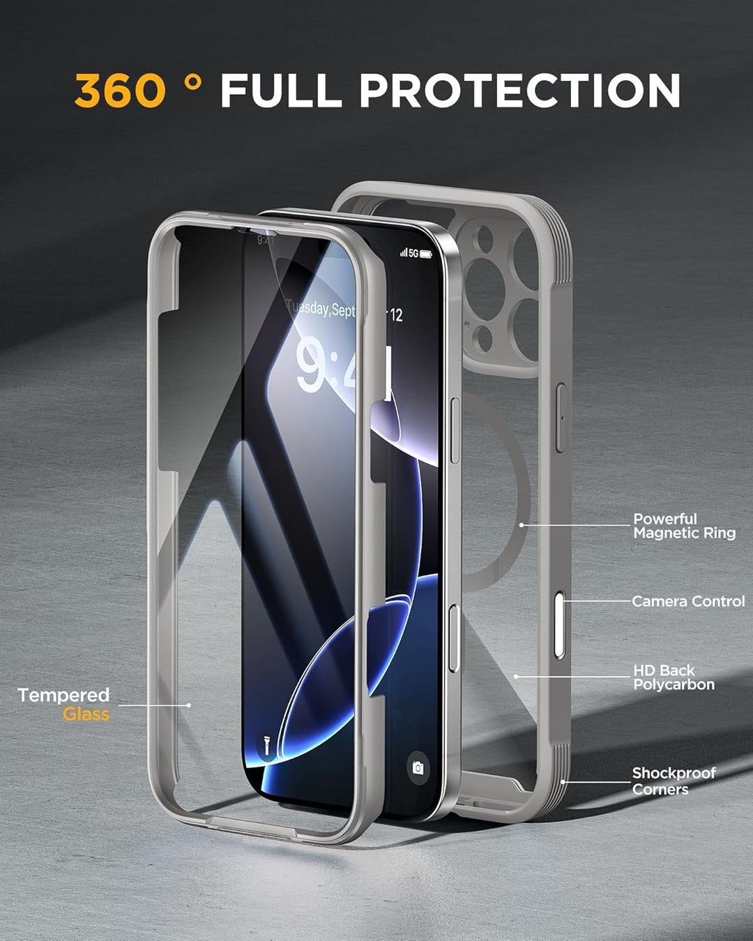 Miracase 360 Grad für iPhone 16 Pro Max Hülle 6,9 Zoll mit Magsafe, Eingebaut Glas Schutzfolie Kompl