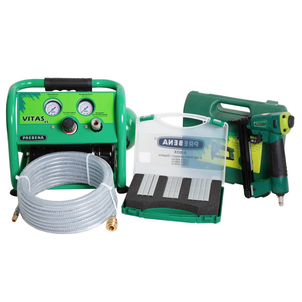 Prebena Komplettpaket 1XR-A16 Druckluftnagler + Druckluftschlauch 10m + Kompressor VITAS 45 + A-BOX