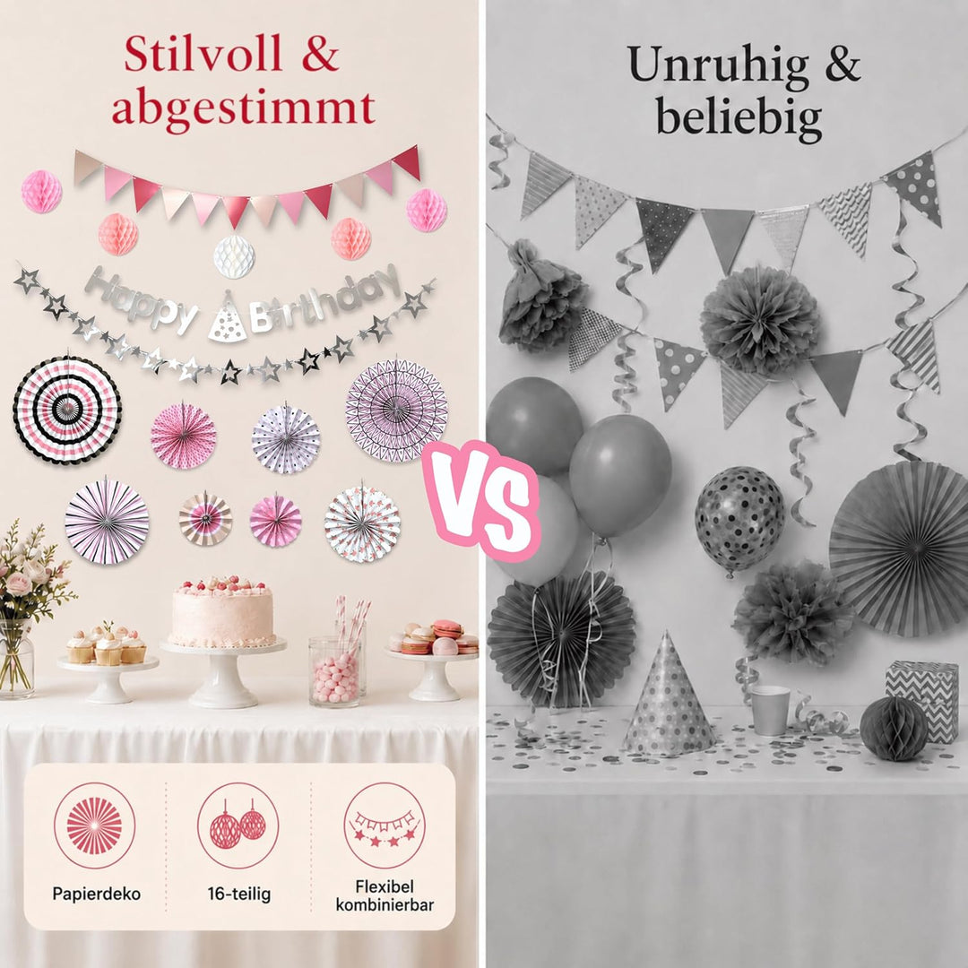 Geburtstagsdeko Set Rosa 16-teilig – Papierfächer Wabenbälle Wimpelkette Happy Birthday Girlande Ste
