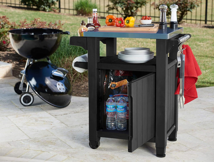 Grilltisch mit Edelstahlserviceplatte, anthrazit, 150 Liter Stauraum - EIN multifunktionale Helfer,