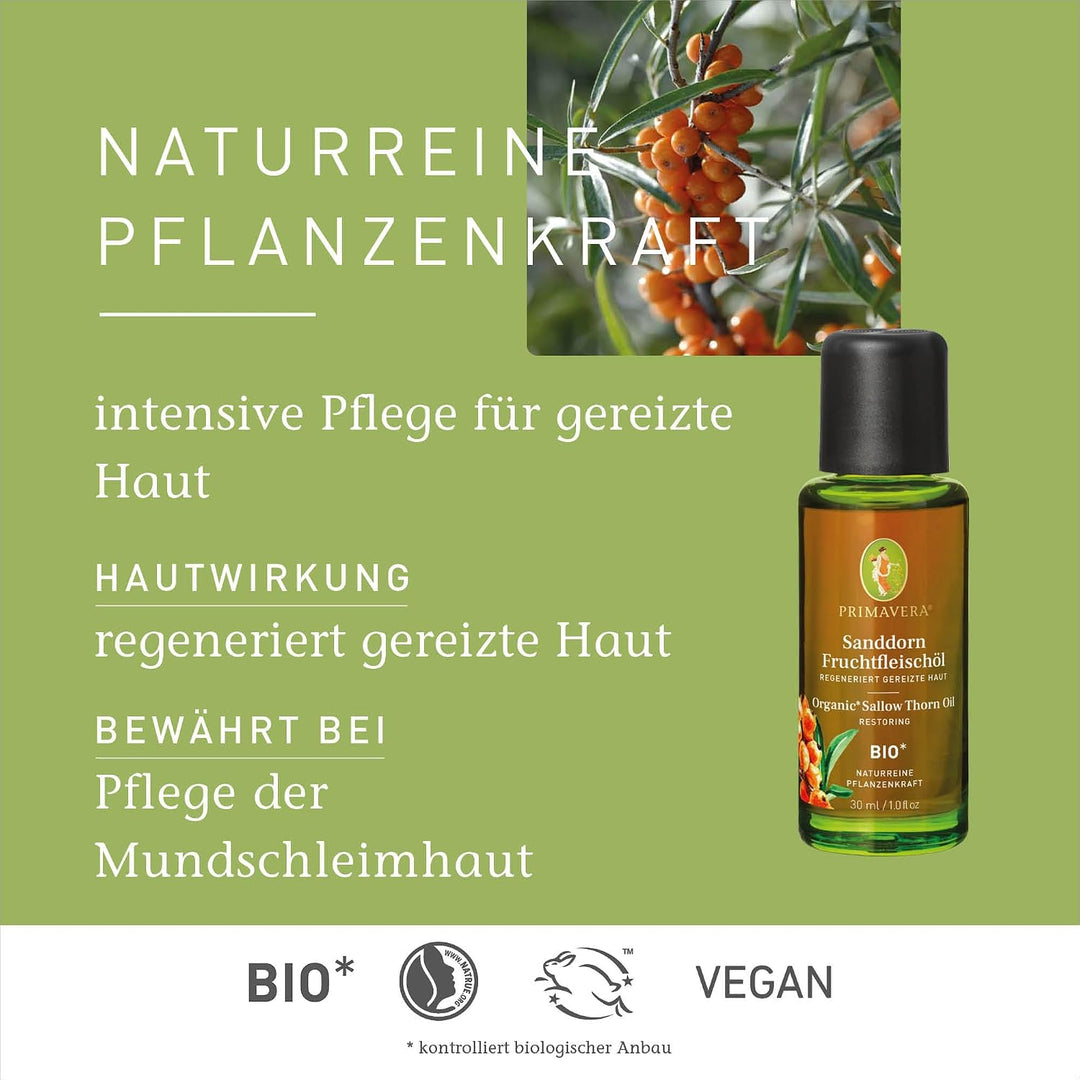 PRIMAVERA Pflegeöl Sanddornfruchtfleischöl bio 30 ml – naturreine Pflanzenkraft – Glasflasche – Arom