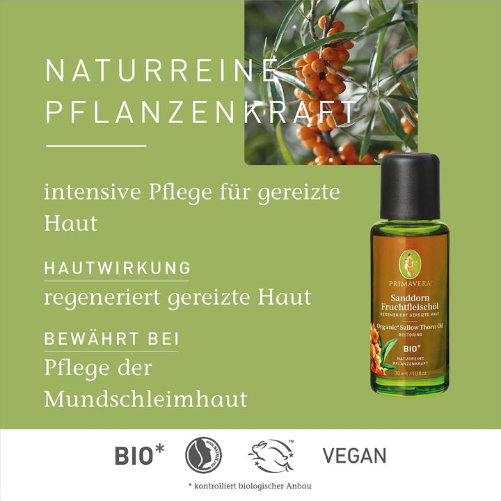 PRIMAVERA Pflegeöl Sanddornfruchtfleischöl bio 30 ml – naturreine Pflanzenkraft – Glasflasche – Arom
