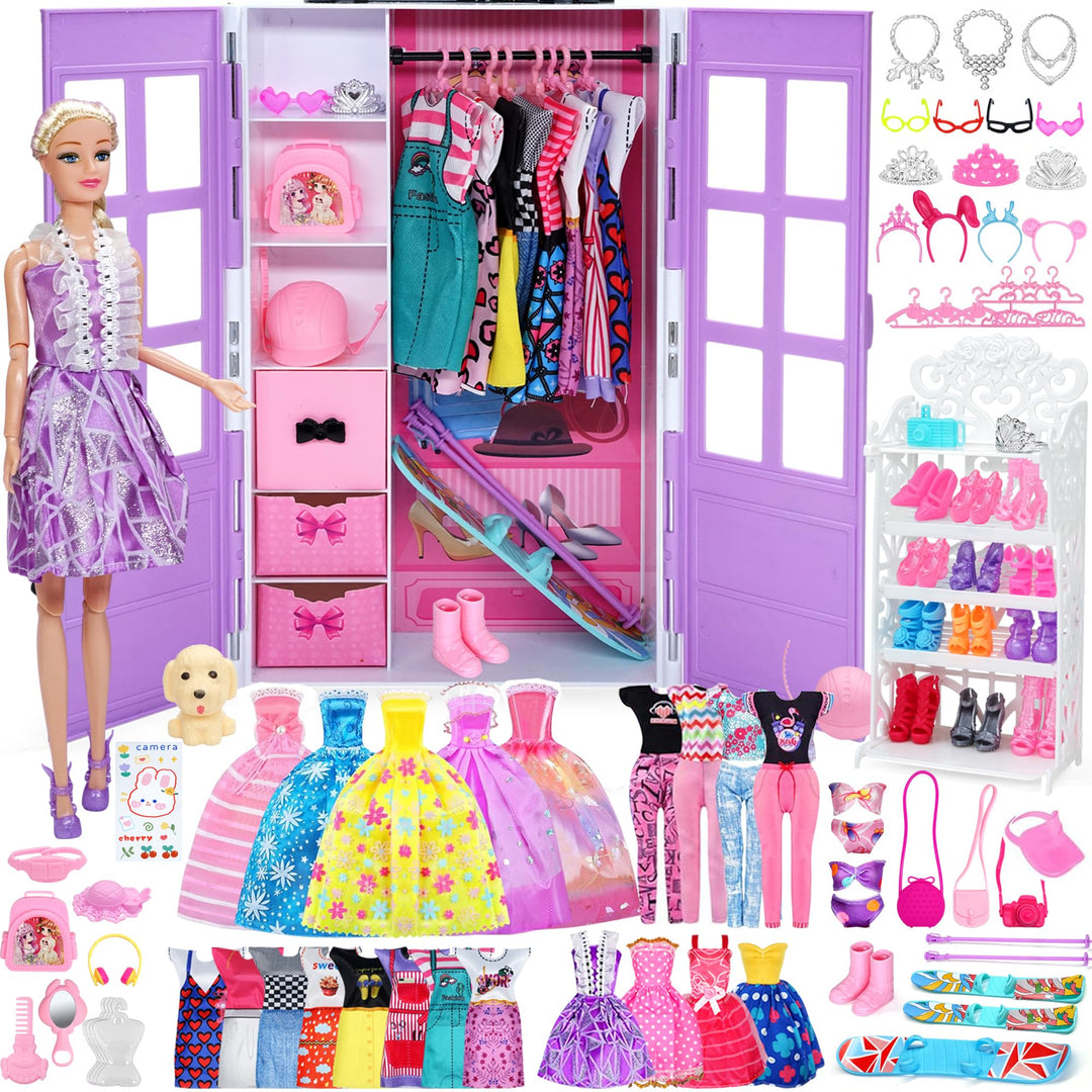 Sidola Doll Closet Kleidung und Accessoires - 135-teilig mit Stauraum für Puppen, Kleiderschrank-Set