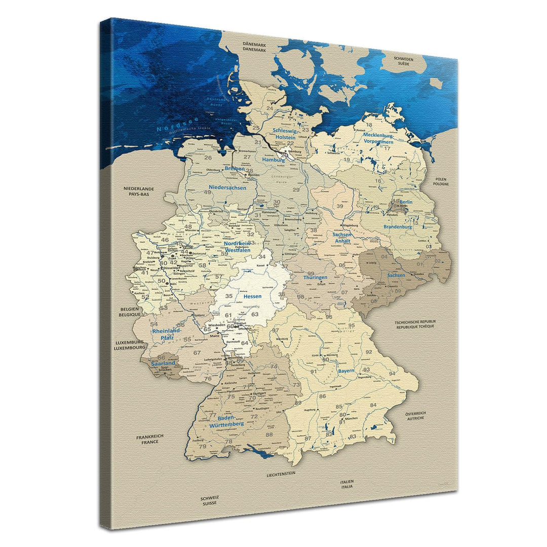 LanaKK – Deutschlandkarte Leinwandbild „Deutschlandkarte Blue Ocean” - deutsch - Kunstdruck-Pinnwand