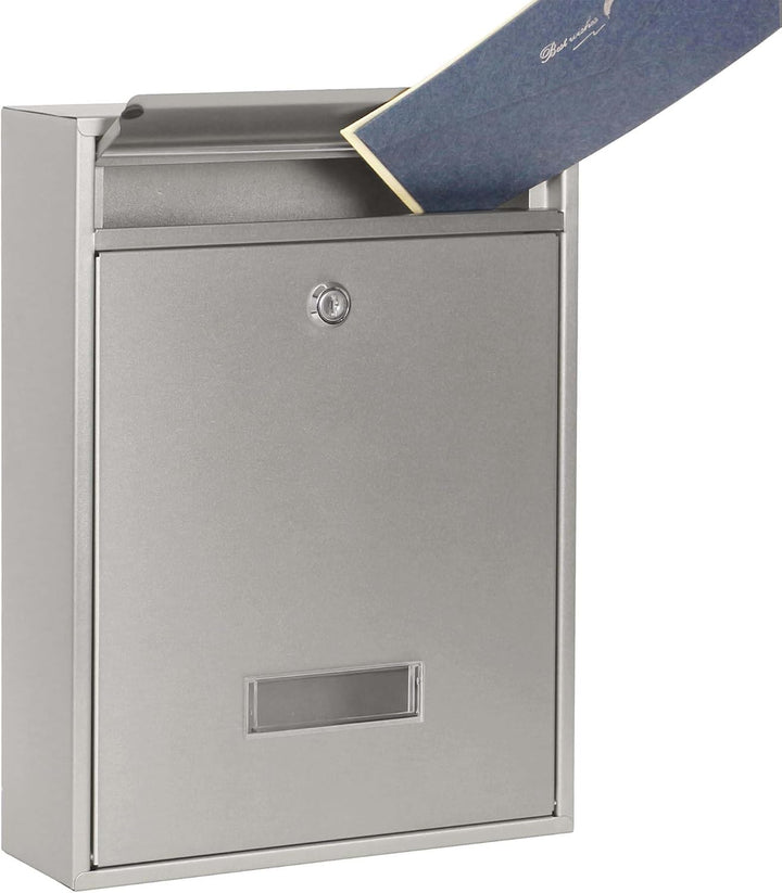 Wiltec Briefkasten V10 Edelstahl 260 x 90 x 350 mm, Wandbriefkasten mit Schloss und Namensschild, Po