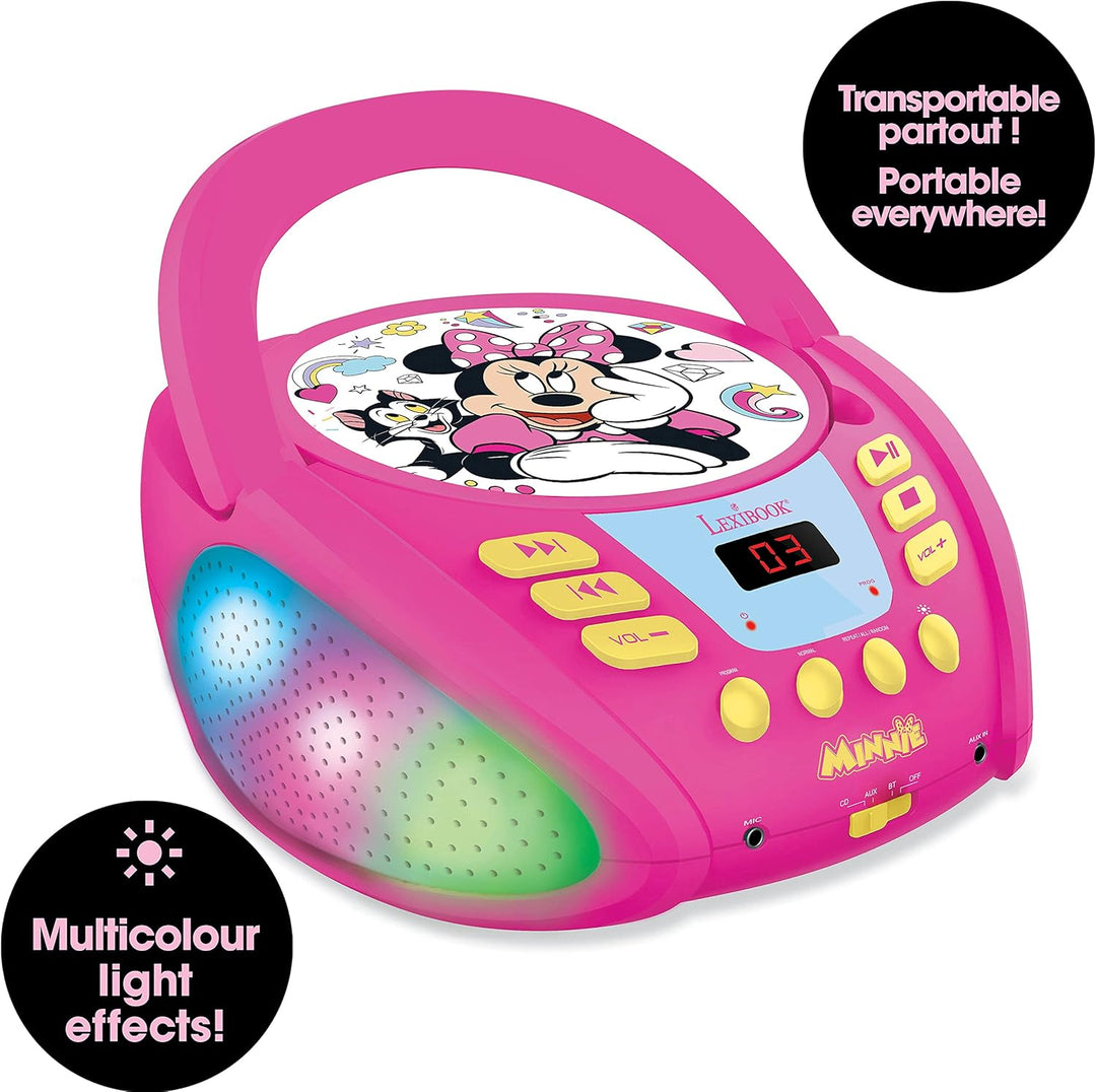 Lexibook RCD109MN Disney Minnie-Bluetooth-CD-Player für Kinder-Tragbar, Lichteffekte, Mikrofonbuchse