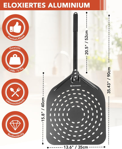 SOUTHGATE 14 Zoll Pizzaschieber Perforiert, Pizzaschaufel aus Harteloxiertes Aluminium, Pizzawender
