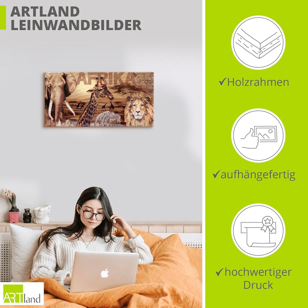 ARTLAND Wanddeko Leinwand Bilder Wandbild Afrika Tiere Safari Savanne Elefant Löwe Natur Landschaft