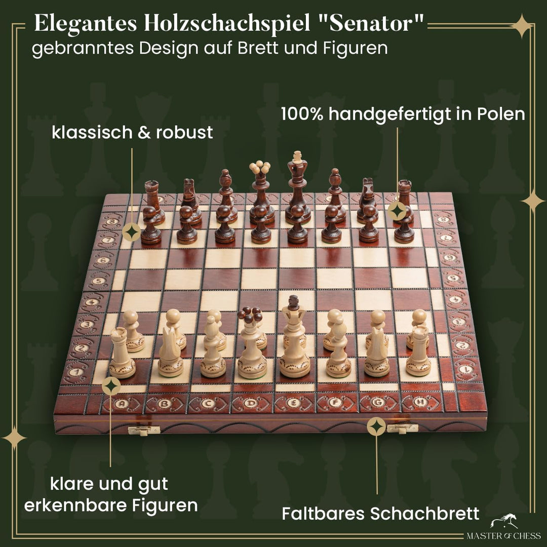 Grossen Senator 41cm x 41cm / 16" aus Holz Schachspiel. Ornamente auf Schach verbrannt Board und Sch