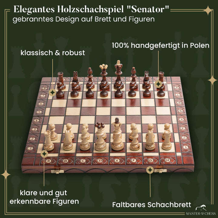 Grossen Senator 41cm x 41cm / 16" aus Holz Schachspiel. Ornamente auf Schach verbrannt Board und Sch