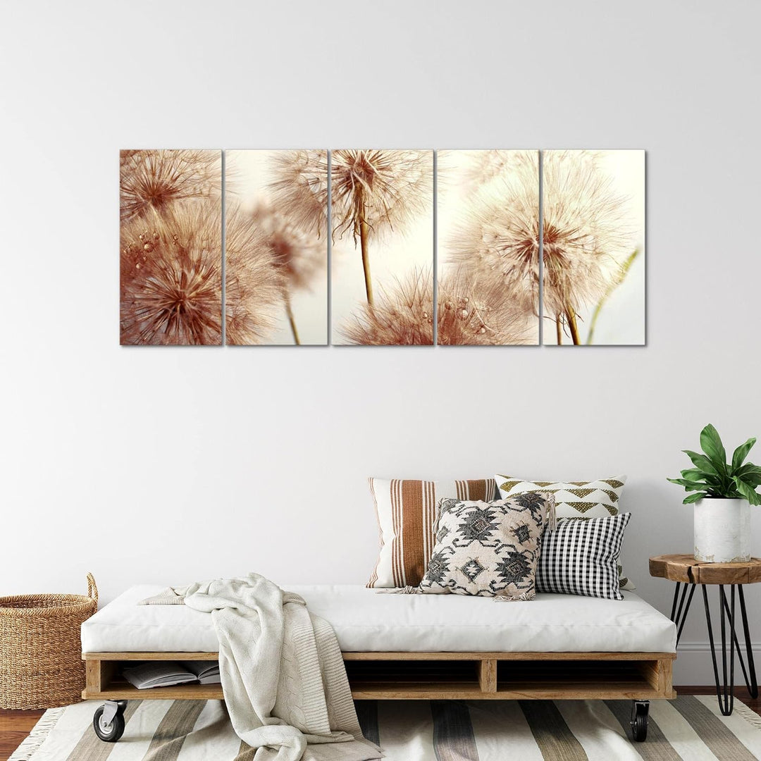 Runa Art Wandbild XXL Blumen Pusteblumen Wohnzimmer Schlafzimmer 200 x 80 cm Beige 5 Teilig - Made i