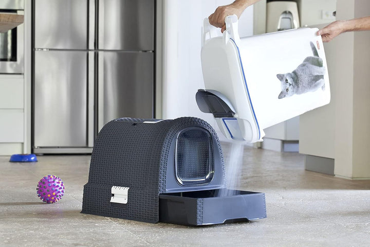 Curver 2068961 petlife Katzentoilette mit Deckel, Katzenklo inklusive Schaufel, moderne Rattangeflec