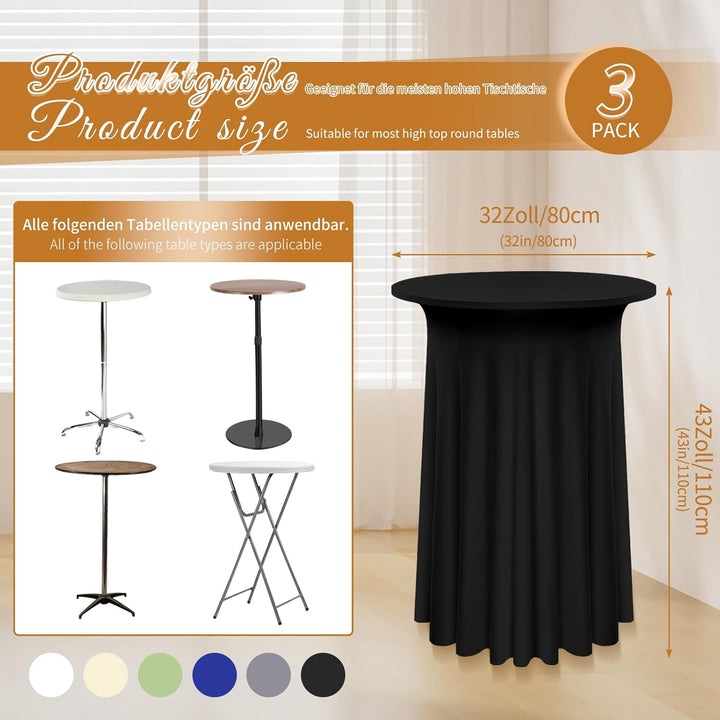 3 Packs Spandex Cocktail Tischdecke mit Röcken 80x110cm, schwarzer Stretch Cocktail Tisch für hohen