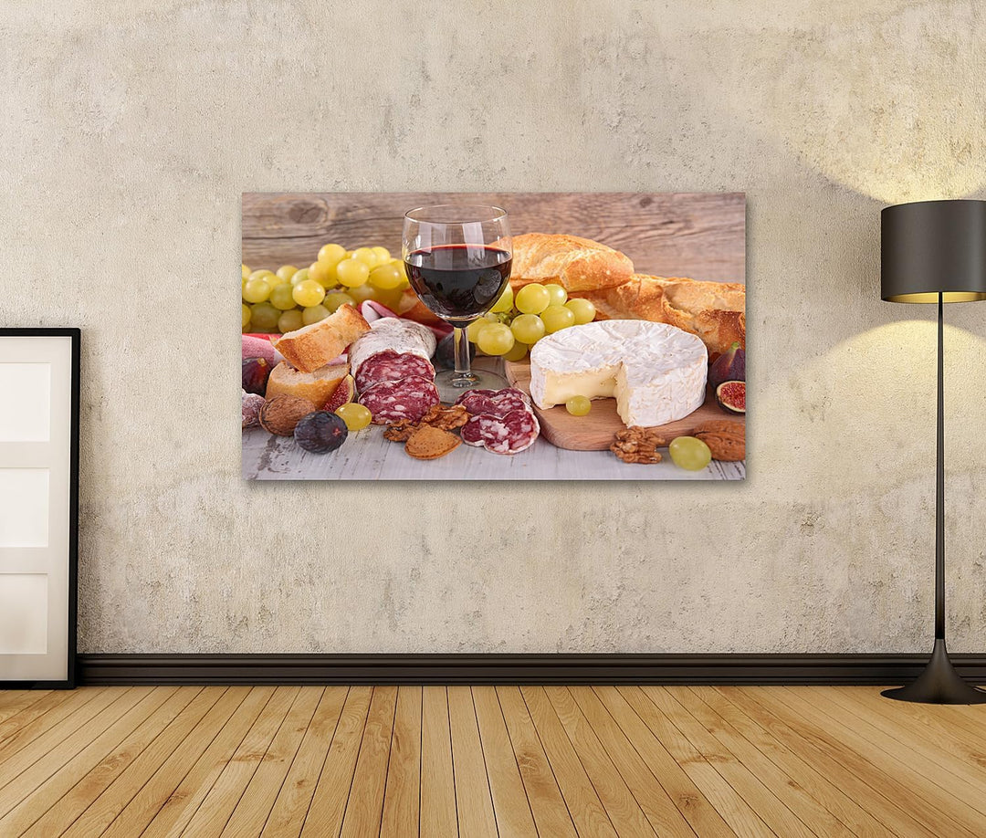 islandburner Bild auf Leinwand Wein Käse Wurst Und Brot Küchenbild Bilder Wandbilder Poster, 80L x 4