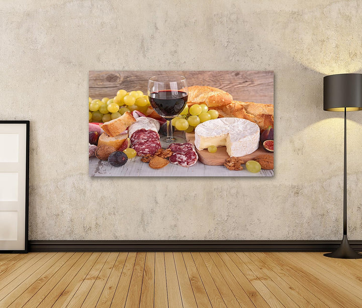islandburner Bild auf Leinwand Wein Käse Wurst Und Brot Küchenbild Bilder Wandbilder Poster, 80L x 4