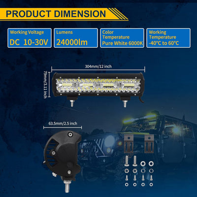 Willpower 12 Zoll 30CM 240W Led Arbeitsscheinwerfer Bar + 4 Zoll 10CM 60W Led Scheinwerfer + Kabelba